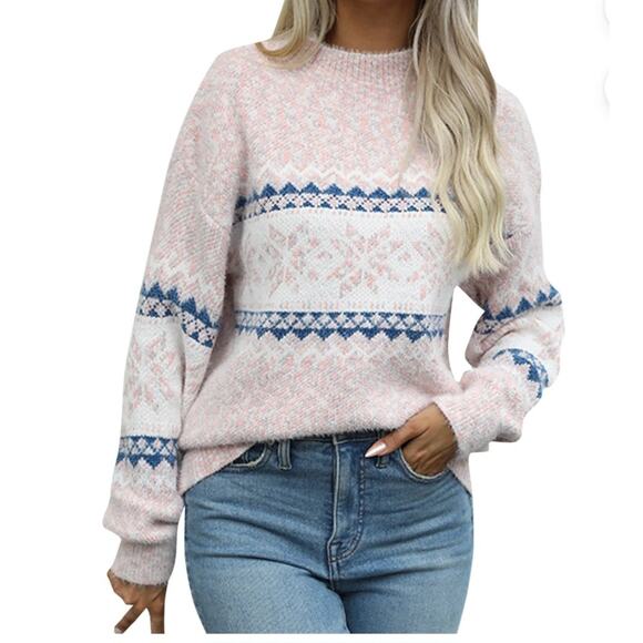 Fair Isle Nordic Sweater Cozy Christmas Snowflake Pink White Blue Women's Medium - Picture 2 of 7